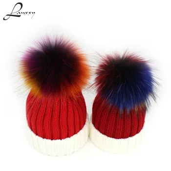 

Lanxxy Children Caps Skullies Beanies Girls Hat Real Fur Pompom Hats for Mother and Kids Boys Girls Winter Hats Knitted Cap
