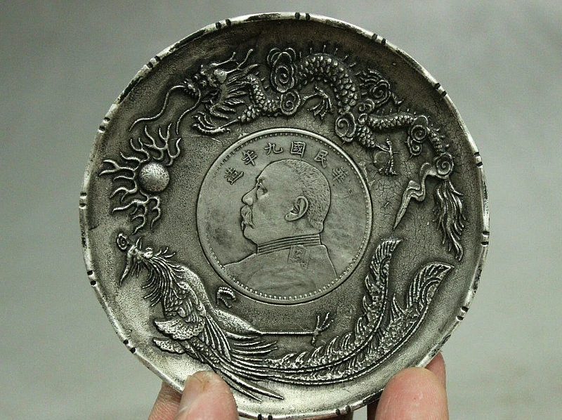 Collect Old Chinese Fengshui Miao Silver 2 Dragon Play globe Statue Dish Plate | Дом и сад