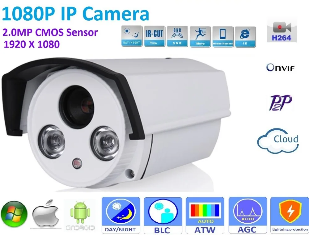

1920*1080P POE IP Camera ONVIF H.264 P2P Waterproof Outdoor IR CUT Night Vision support POE Switch 48V or DC 12V Power supply