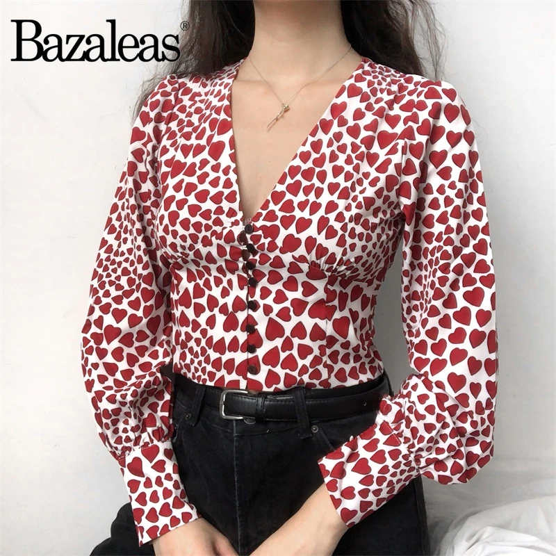 

Bazaleas Vintage Nipped waist blusas Fashion Young Love Cropped womens tops and blouse Long sleeve button front top Shirt