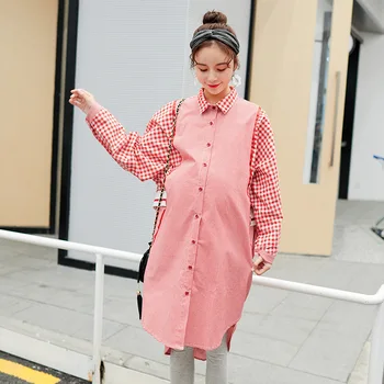 

Maternity Women Turn-down Neck Long Sleeve Casual Shirt Dress New Moms Plaid Loose Fit Irregular Hem Fashion Blouses Dresses