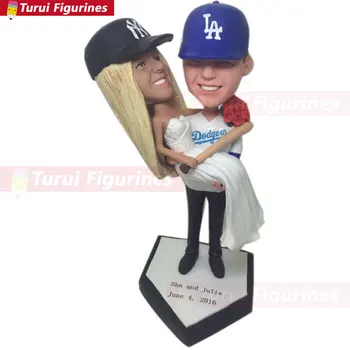 

Personalized Wedding Cake Toppers Custom Bobble Head Baseball Homeplate Base Toppers Groom Holding Bride Baseball Cake topper