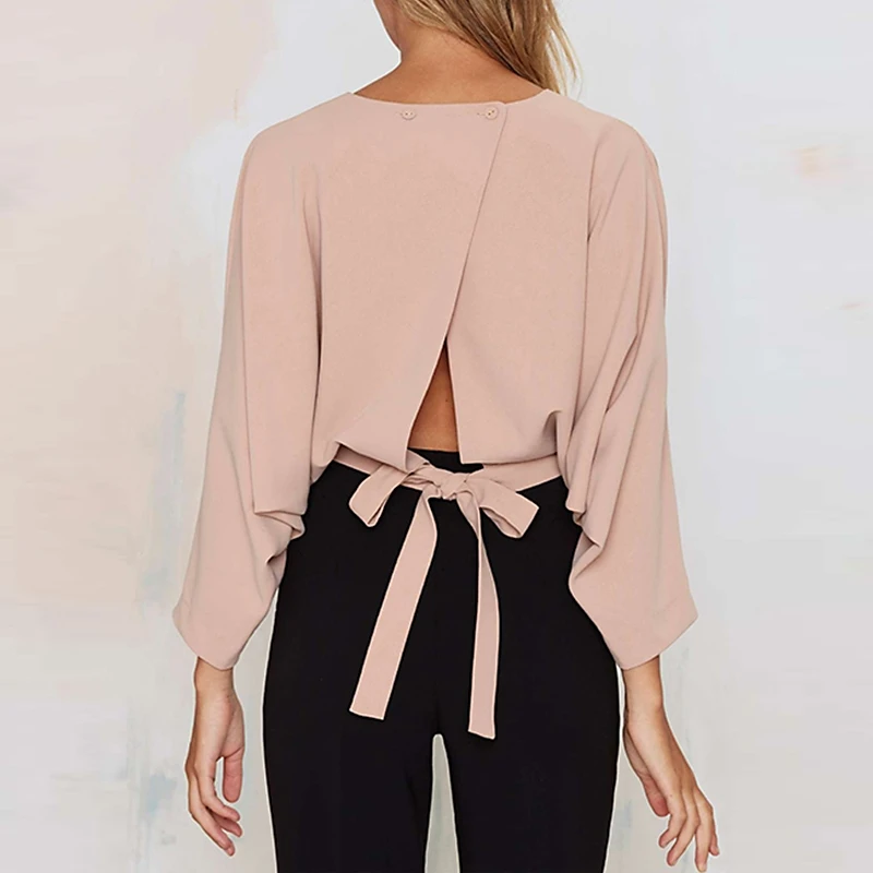2017 New Solid Color Elegant Back Seam Three Quarter Sleeves Short Section Blouse O-Neck Women Fashion |
