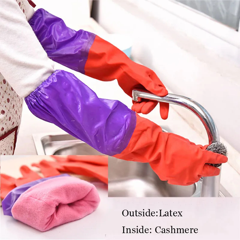 NEW Kitchen Wash Cleaning Rubber Latex Cashmere Gloves Waterproof Long