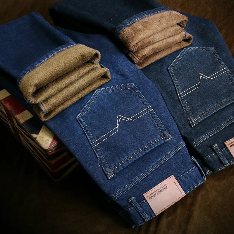 NianJEEP Mens Winter Thicken Stretch Denim Jeans Warm Fleece Jean Pants Trousers Size 32 33 34