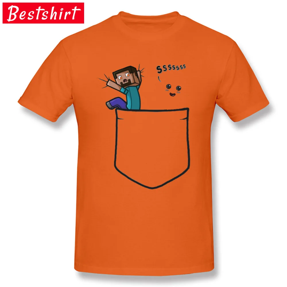 

MC Minecraft Pocket Creeper T Shirt Crewneck 100% Cotton Fabric Orange Color Fashion Tee-Shirts Men's Funny New Tshirts Game