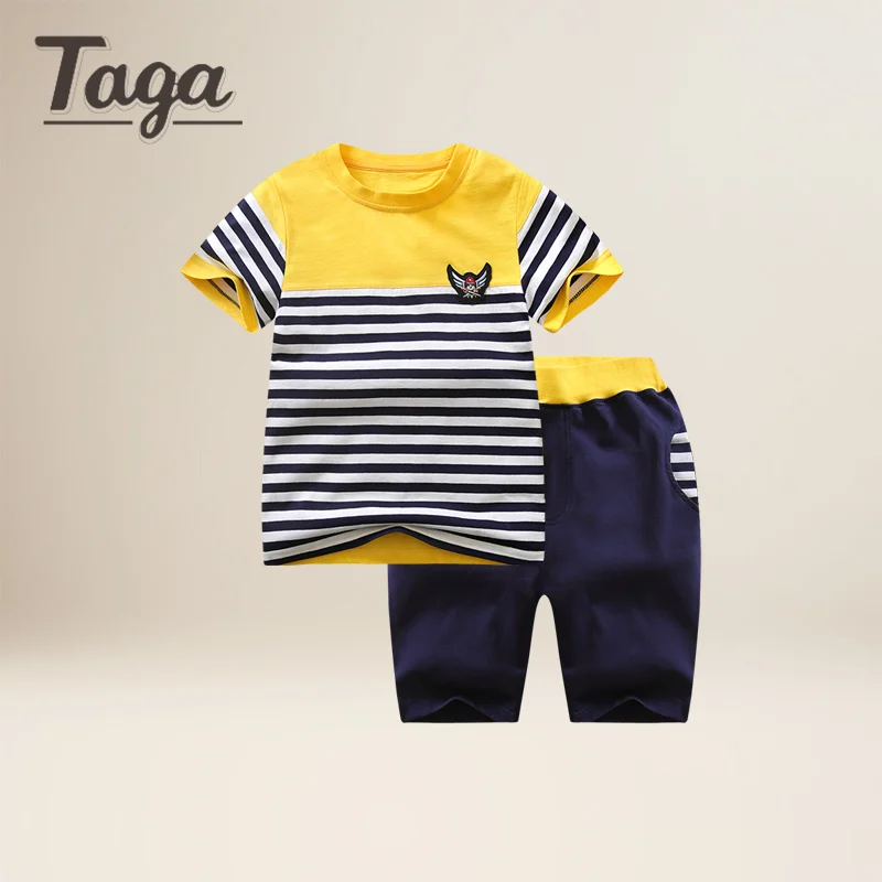 

TAGA 2017 3-15 years 100% Organic Cotton Kids Clothes Summer Boys Clothes Set fashion Striped Toddler Clothing Sets tees+shorts
