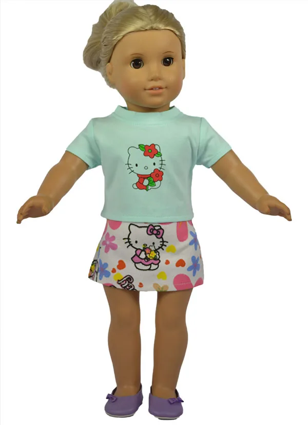 2 Styles 2in 1 Set American Girl Doll Clothes of Kitty Shirt+ Skirt for