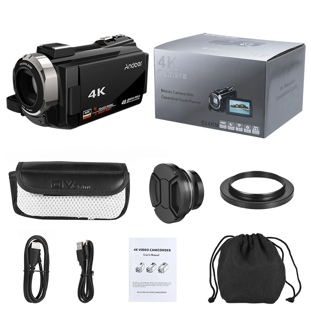 Цифровая видеокамера Andoer 4K 1080P 48 МП Wi Fi записывающая с широкоугольным