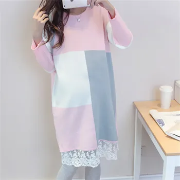

Pregnant women winter Lace Dresses Contrast Color Casual Maternity Clothings Full Sleeve Knee-Length Loose Knitted Sweater