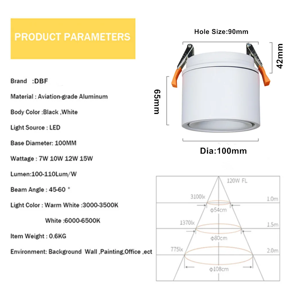 [DBF]90 Degree Foldable LED Recessed Downlight 3W 5W 7W 10W 12W 15W Clothing Store Pic Background Ceiling Spot Light AC85-265V