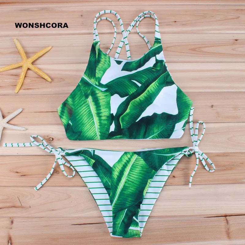 

2017 New Green Leaf Floral Bikinis Set Beach Swimwear Swimsuit for Girls High Quality Women Swimming Trunks Multi Ropes Tankini