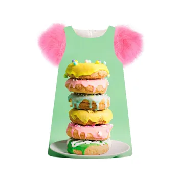 

Children Girls Dress fashion Spring/Autumn faux fur sleeve girls printing Candy cookies Toddler Kids Dresses baby Clothing