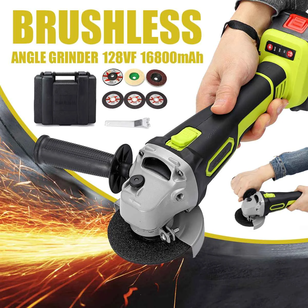 

1200W 8000RPM Electric Angle Grinder Cordless Polisher Cutting Power Tool 8mm Chuck Rechargeable 16800mAh Li-ion Battery Charger