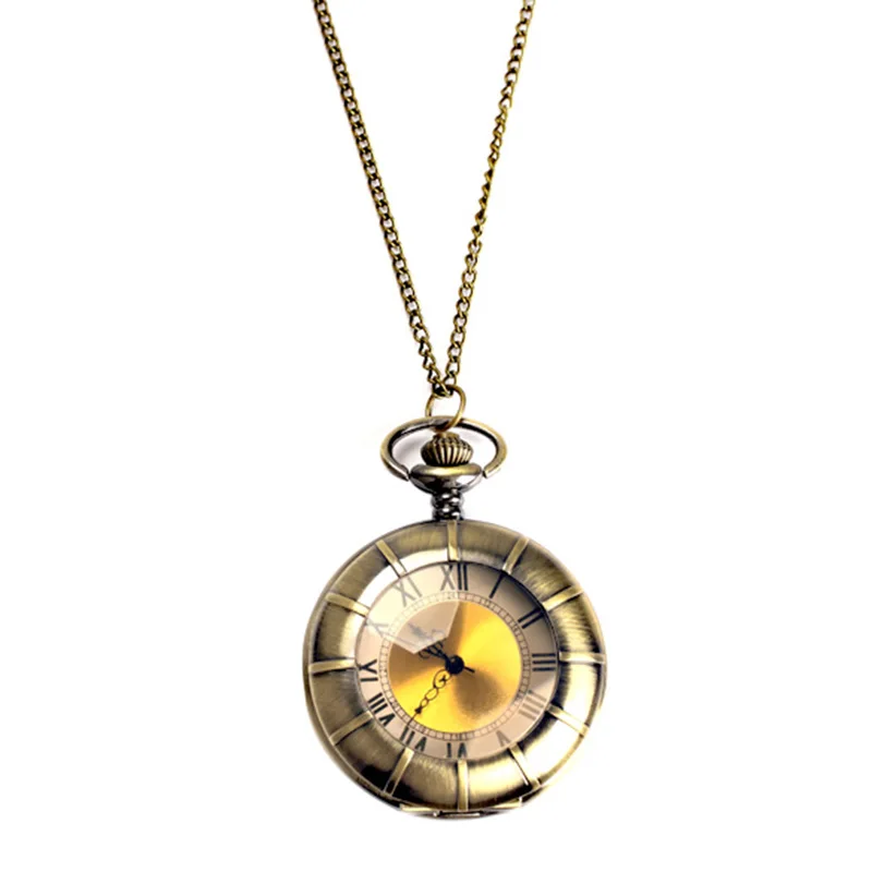 

Fashion Unique Vintage Big Roman Numeral Gold Face Quartz Pocket Watch with Metal Chain TT@88