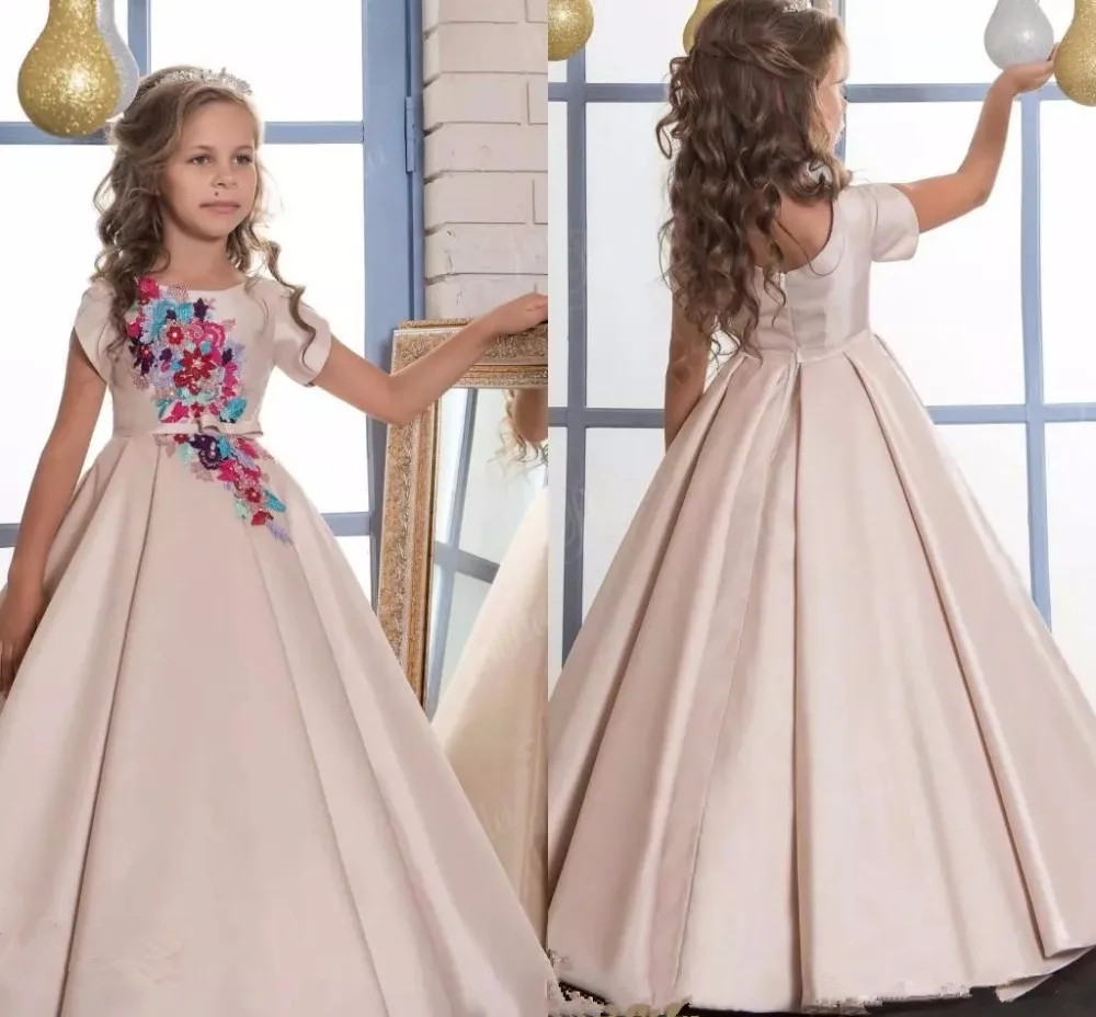 Коллекция года, платье с короткими рукавами и цветочным узором для девочек атласное платье принцессы на свадьбу и день рождения нарядные платья для девочек платья для причастия