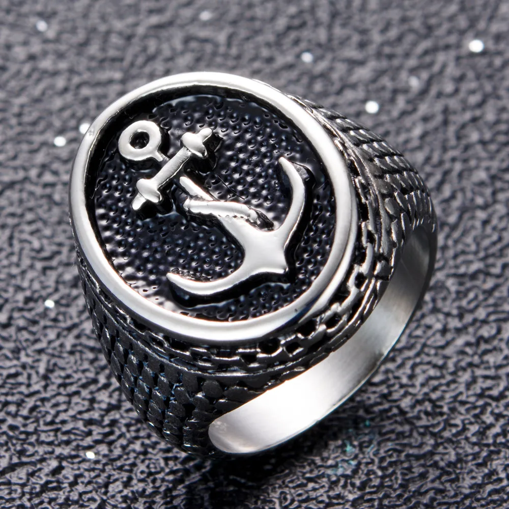 Silver Black Boy Charm Cool Stainless Steel Ring Jewelry Top Quality Classic Vintage Anchor Ring for Men New Biker