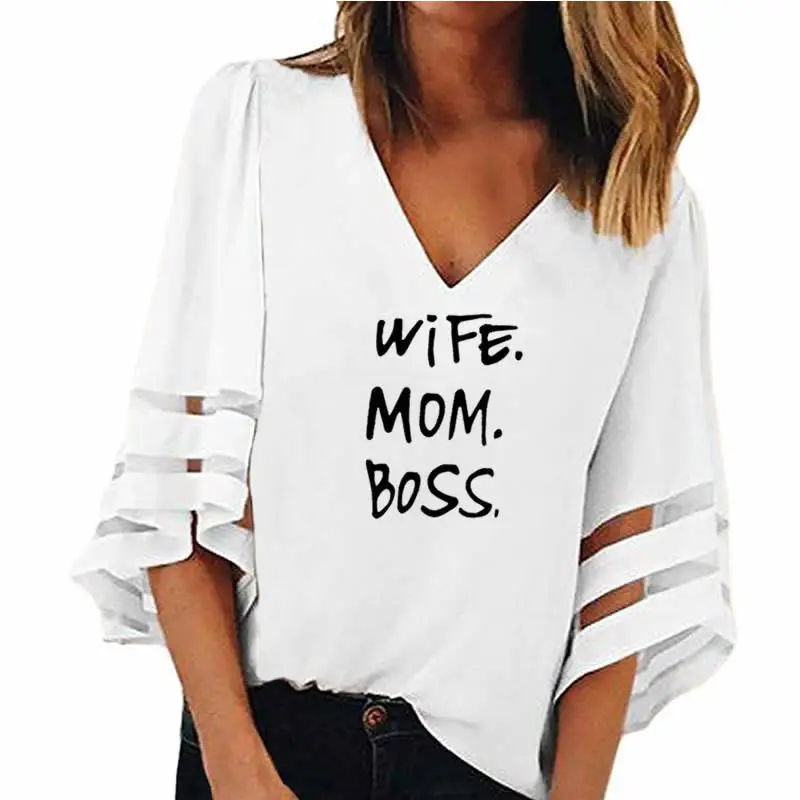 2021 Новая мода жена принт &quotMOM BOSS&quot Топы футболка женский свободный сетки