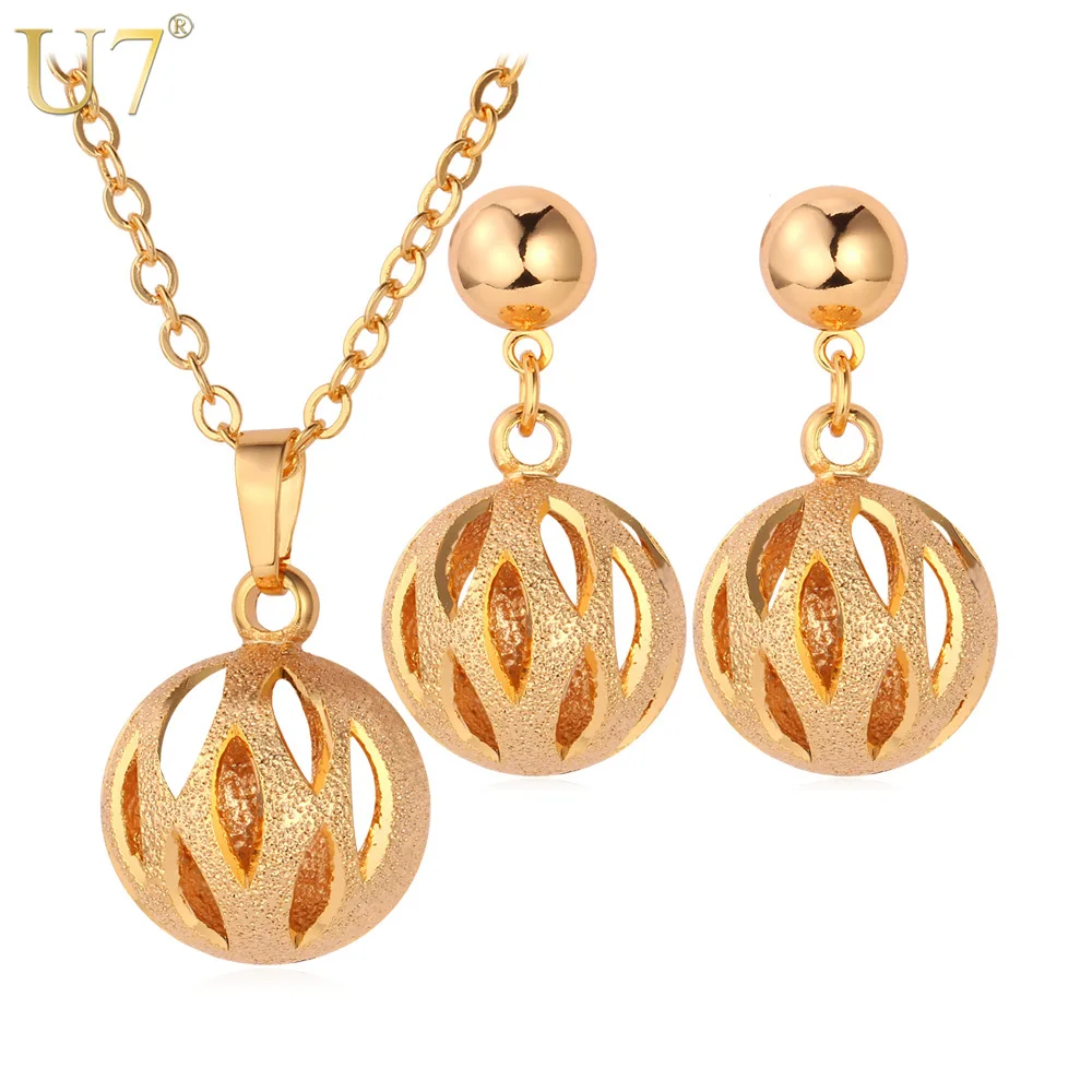 U7 Lovely Hollow Ball Round Pendant Necklace & Earrings Set Gold Color Trendy Party Jewelry Sets For Women Gift S578 U7 Lovely Hollow Ball Round Pendant Necklace & Earrings Set Gold Color Trendy Party Jewelry Sets For Women Gift S578