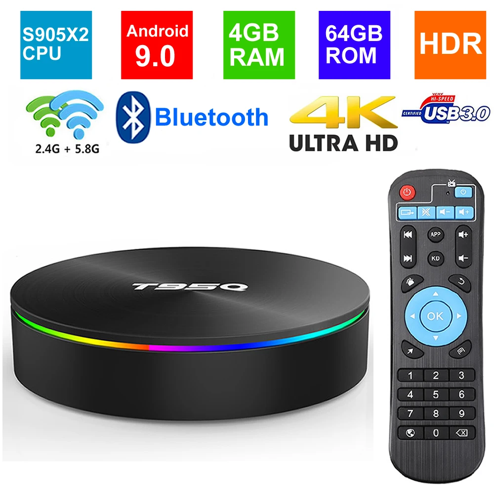 T95Q Android 9,0 Smart tv BOX Amlogic S905X2 Четырехъядерный 4 ГБ ОЗУ 64 Гб ПЗУ BT4.1 USB3.0 2,4G/5G двойной wifi 3D 4 K HDR телеприставка