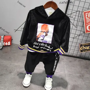 

Boy's Long Sleeve Hooded Cartoon Print Korean Style Clothing Sets Black Sports Suits Fleece Winter Clothing Set
