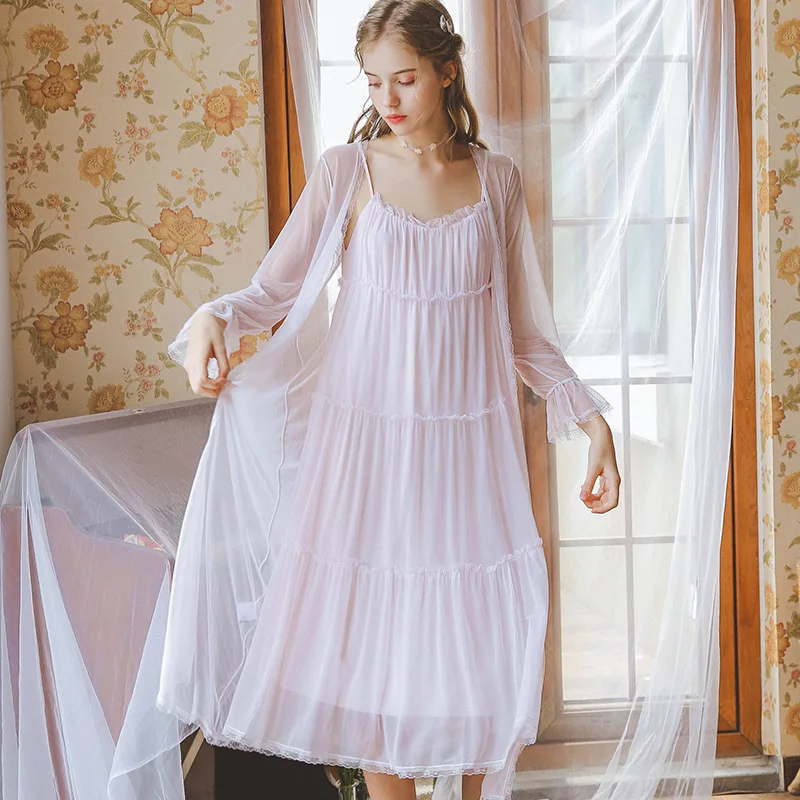 

Sexy Robe Set Two Pieces Spaghetti Strap Princess Cotton Sleepwear Bathrobe Set Luxury Nightgown Long Negligee Lantern Sleeves