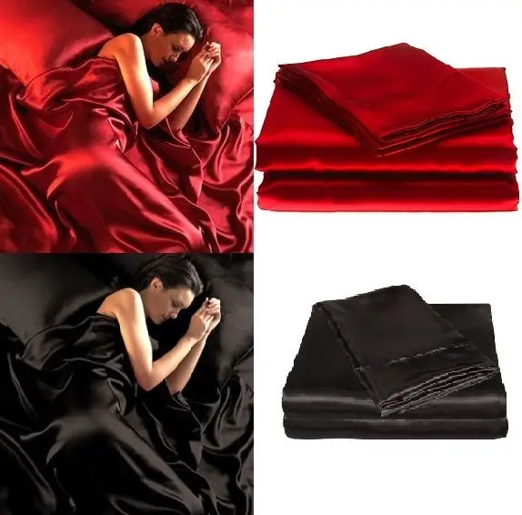 

95gsm 4 Pce Luxury Satin Silk Soft QUEEN Bed Fitted Bed Sheet Set - RED BLACK10