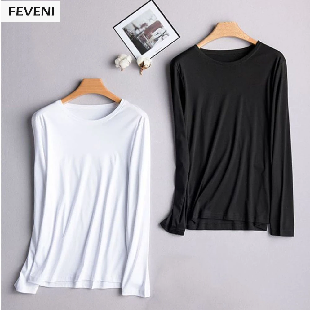 

2018 Long Sleeves T Shirt Women Bottom Brand Luxury Tops Black White 80D Mercerized Cotton Soft Shirts High Quality Tees Y03306