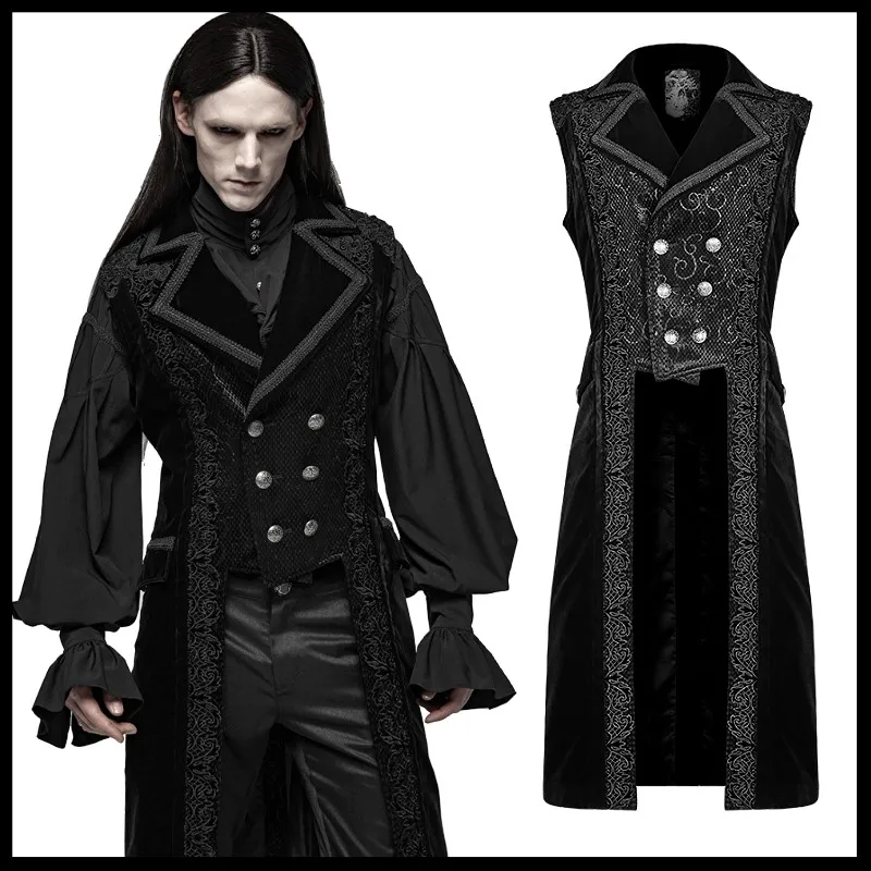 

PUNK RAVE Men Vampire Earl Dark-striped Lace-cut Velvet Double-breasted Long Vest Gothic Steampunk Men Party Vest