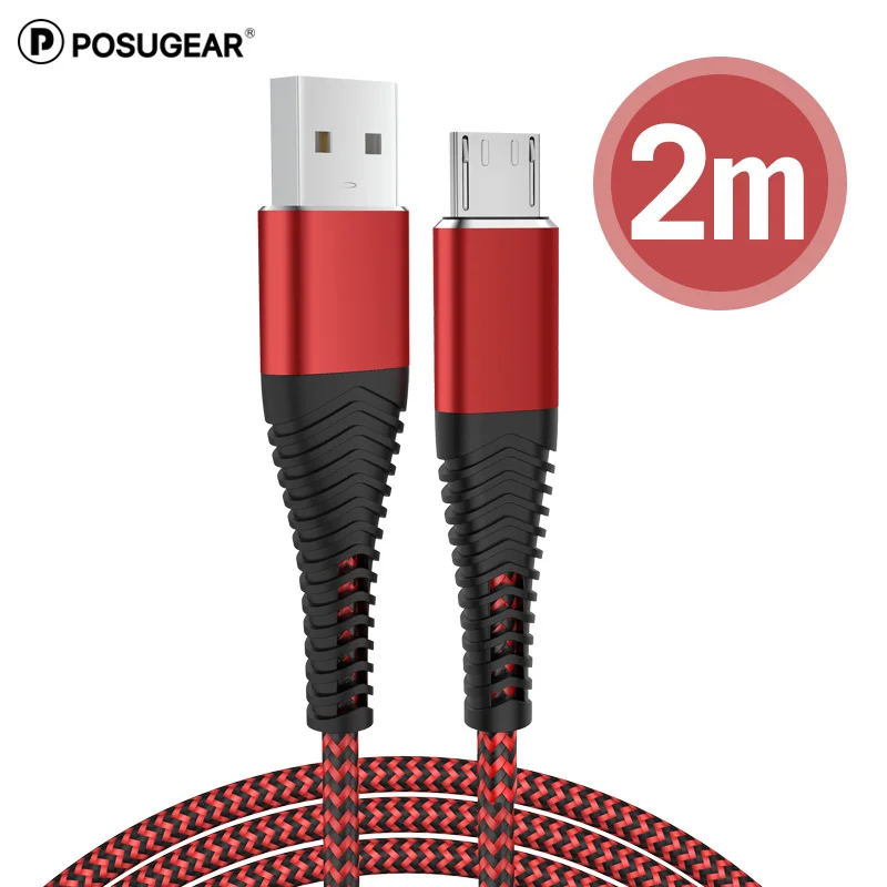 Posugear 2.4A Micro USB кабель для быстрой зарядки USB кабель для передачи данных нейлоновый шнур синхронизации для samsung Xiaomi power bank 2 м Android Microusb кабель - Цвет: 2m Red