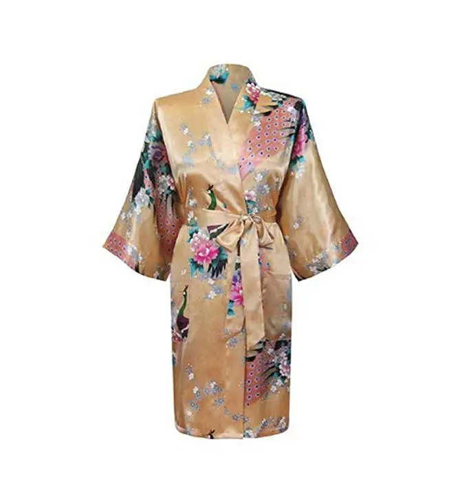 FZSLCYIYI, женское кимоно с павлином, халат, сексуальный, Цветочный, для невесты, невесты, халаты, женские, с цветами, вечерние, свадебные, длинные, пижамы, Халат - Цвет: gold B