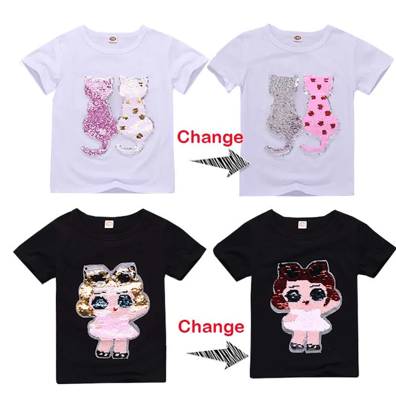 

Kids girls tops Discoloration Flip Double Sequins Children's T-shirts baby Boy Cartoon t shirts for girls Clothes 3 8 10 years