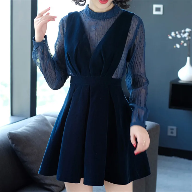 

018 New Spring Royal blue Velvet Fake two pieces Dress Female Loose Long-Sleeved Spring Autumn Dresses For Women Sexy Dresses