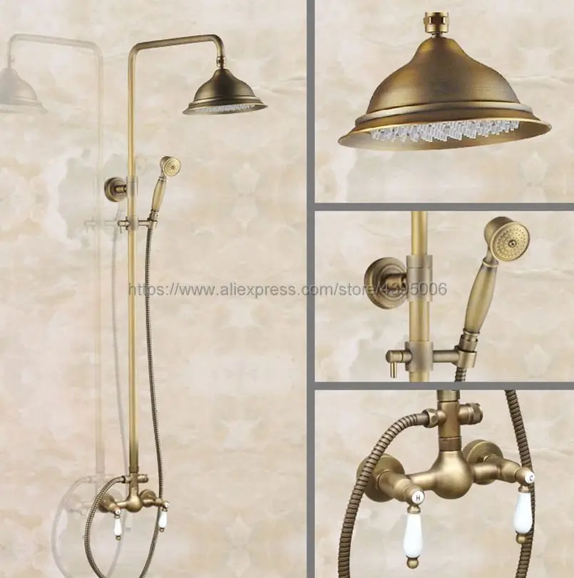 

Antique Brass Bathroom Rainfall Shower Faucets Set Double Handle Mixer Tap Faucets Wall Mounted Bath Showers Sets Ban111