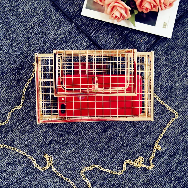 

2019 New Women Messnger Bag Metal Net Bags Rose Gold Mesh Grid Cage Clutch Women's Single Chain Shoulder Bag Female Clutch 139
