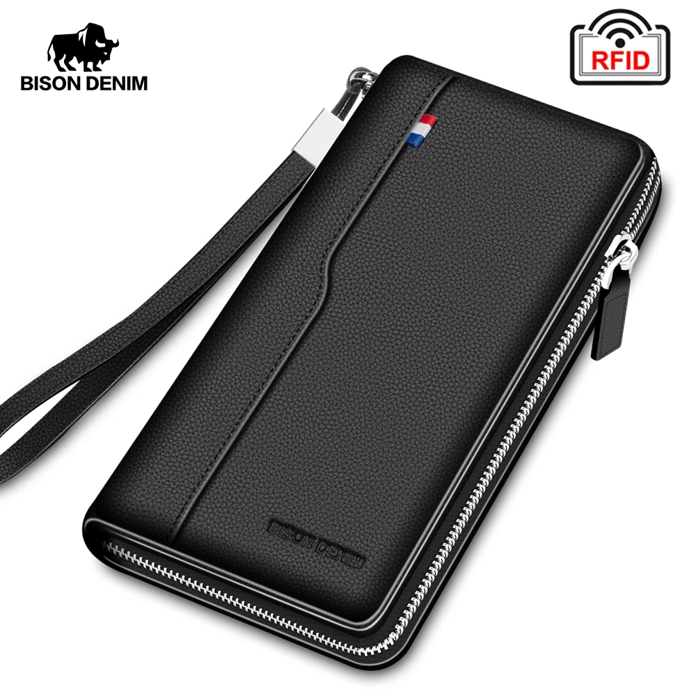 BISON DENIM Real Cow leather Men Wallets Genuine Leather Long Purse For Men RFID Zipper Large Capacity Card Holder Purse W8226 BISON DENIM Real Cow leather Men Wallets Genuine Leather Long Purse For Men RFID Zipper Large Capacity Card Holder Purse W8226