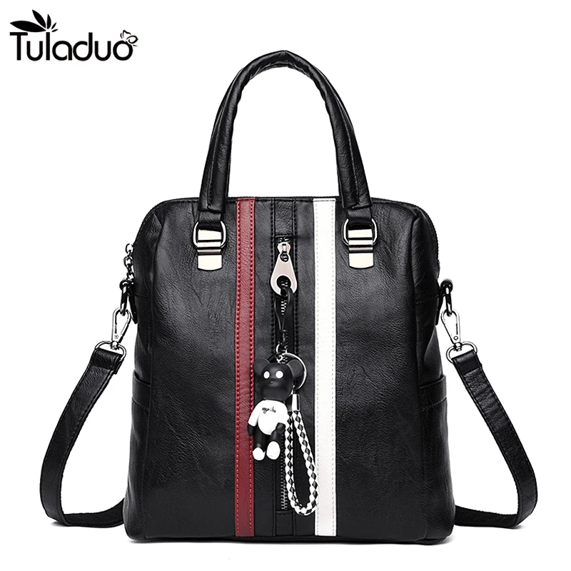 

Women Leather Black Stripped Backpack With Bear Shoulder Travel Bags Large Capacity Soft Back School Bags For Teens Girls mujer