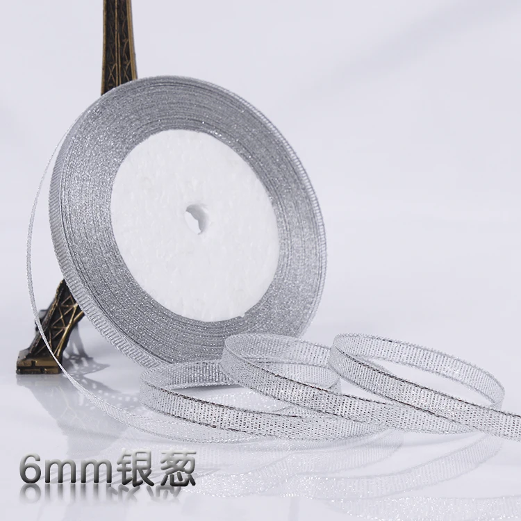 6-10-15-20-25-40-50mm Gold Silver Glitter Metallic Ribbons Christmas Halloween Wedding Birthday Party Decoration Gift Wrapping - Цвет: 6mm Silver