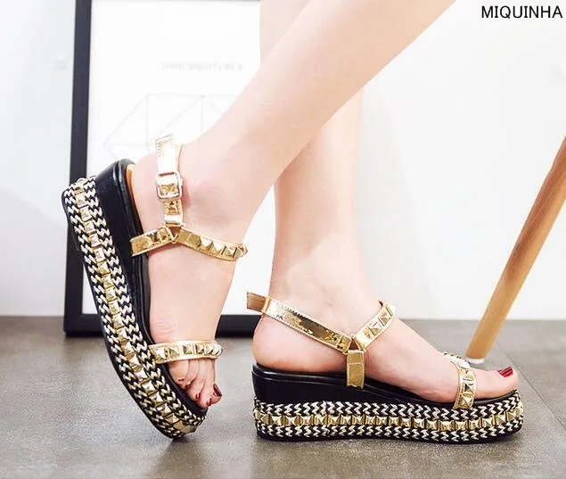 

2017 New Arrival Golden Rivets Studded Woman Wedge Sandal Gladiator 6CM High Braided Heels Valentine Woman Dress Pump Sandals