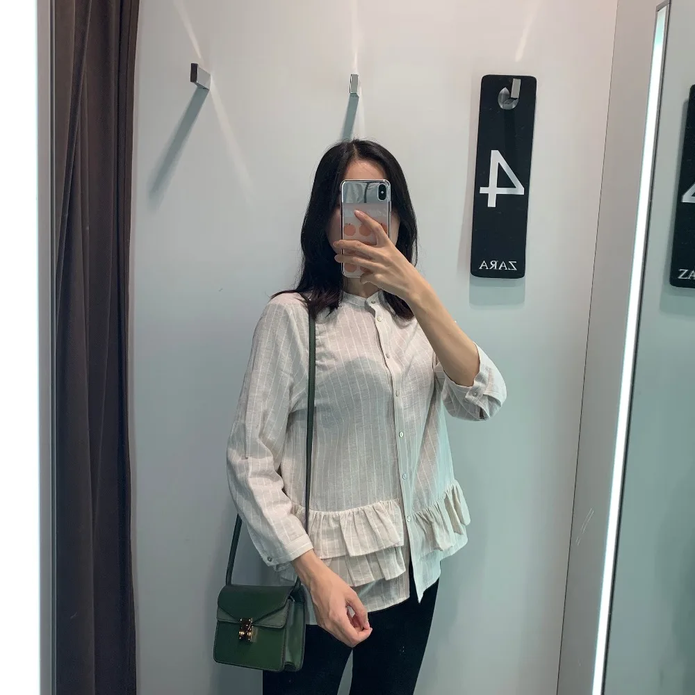 

Fashion Women's Loose O Neck Long-Sleeved Shirt Stripe Layered Ruffled Button Cotton/linen Plus Size Blouse