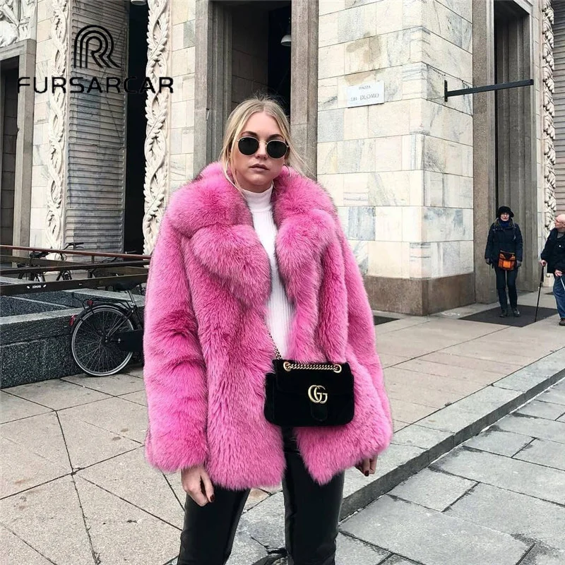 

FURSARCAR Women's Real Fox Fur Coat With Turn-down Collar 70 CM Long Genuine Fox Fur Female Jacket Winter Fur Coat
