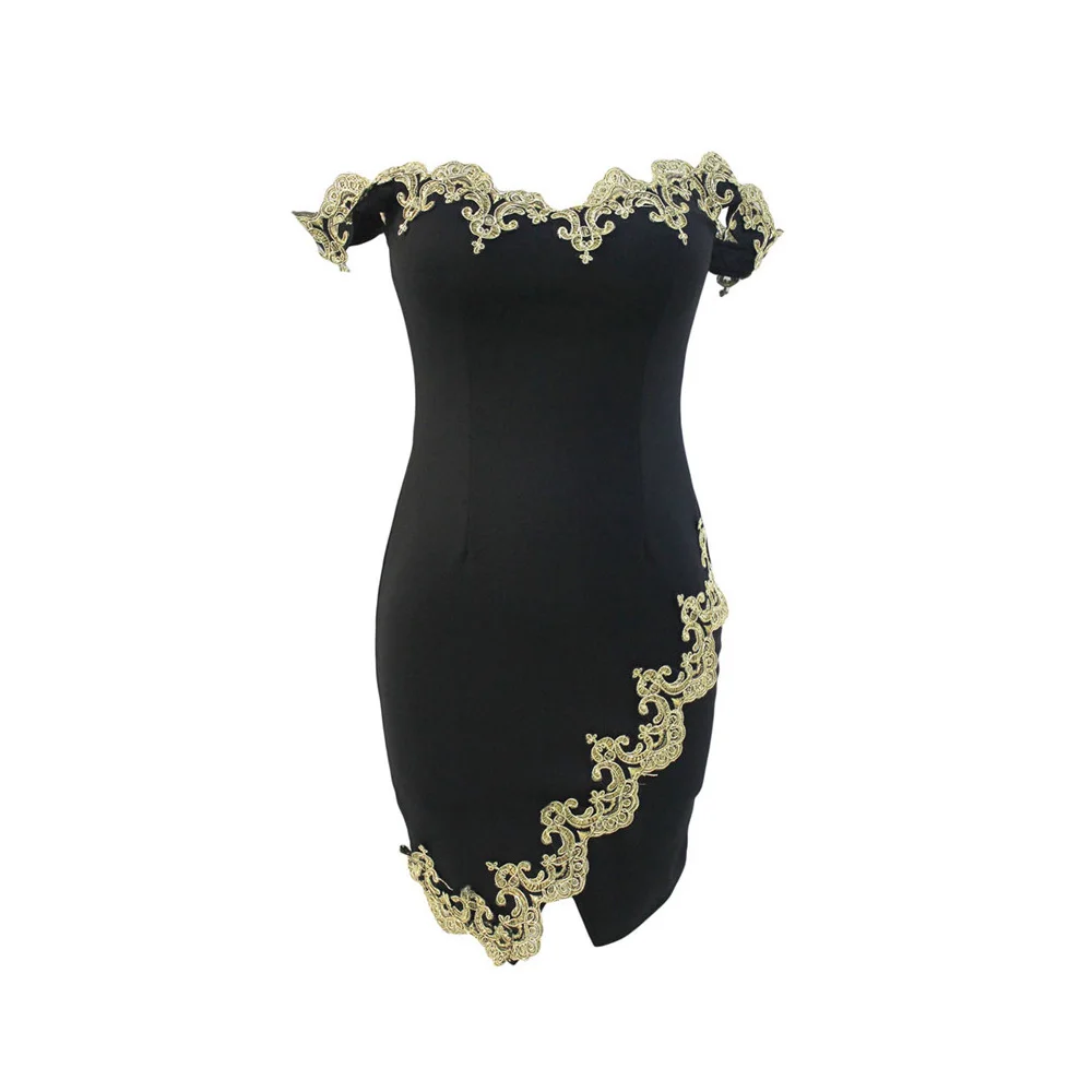 Gold-Lace-Applique-Black-Off-Shoulder-Mini-Dress-LC22715-2-2