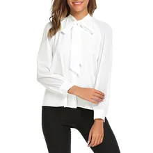 Young17 Long Sleeve White Shirt Women Stand Collar Bow Tie Chiffon Blouse Spring Autumn Office Lady Work Shirts