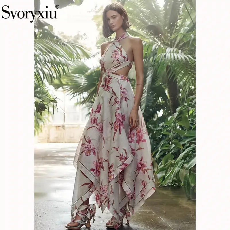 

Svoryxiu Sexy Backless Bandage Party Maxi Dresses Women Elegant Floral Print Beach Holiday Asymmetrical Long Dress Vestidos