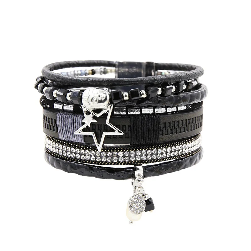 Многослойный кожаный браслет для женщин, винтажные браслеты Будды, стразы, жемчужные бусины, очаровательный браслет, ювелирные изделия - Окраска металла: Black