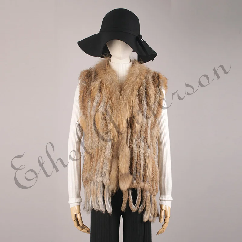 Ethel Anderson, жилет из натурального меха, хорошее качество, вязаный жилет из натурального кроличьего меха, с кисточками, Воротник из меха енота, куртка, пальто