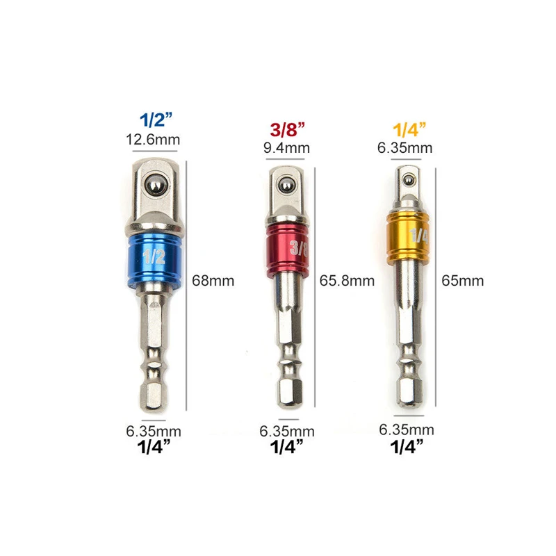 

3pcs Hex Socket Adapter 1/4" 3/8" 1/2" Extension Drill Bit Bar Hex Socket Hex Shank Adapter Drill Bit for Power Tools