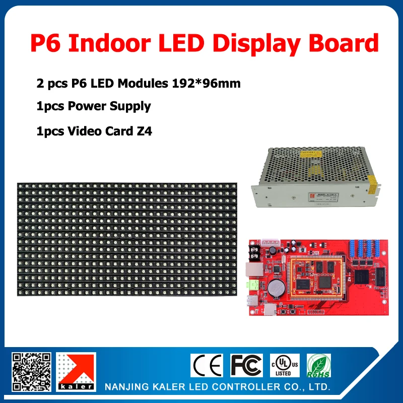 

Indoor led display 2121smd 3in1 full color p6 led modules 2pcs 192*96mm + 1pcs async video display control card + 1 power supply