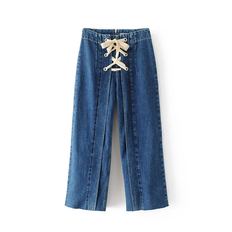 

Women Bandage High Waist Jeans Denim 2017 Autumn Loose Ankle Wide Leg Pants Jeans