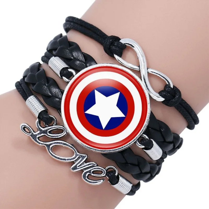 

2018 Superhero Captain America Spider Man Iron Man Bat Man Glass Cabochon Bracelet Black Color Leather Charm Bracelet Gift